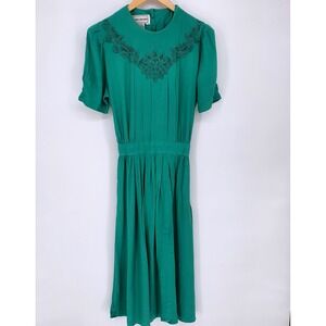 Vintage Karin Stevens Cottagecore Green Embroidered Midi Dress 8 Modest Church